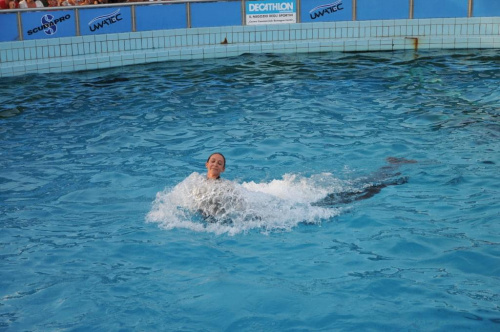 Pokaz delfinów w Delfinarium w Rimini. Treserka bawi się z delfinami. Delfin pcha ją w wodzie.