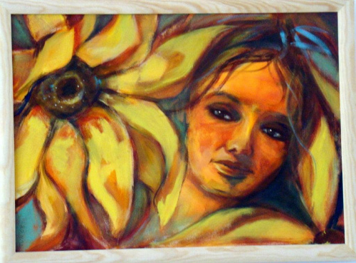 słonecznikowa panienka olej 50-70 #słoneczniki #ona #malarstwo #kobieta #kwiaty