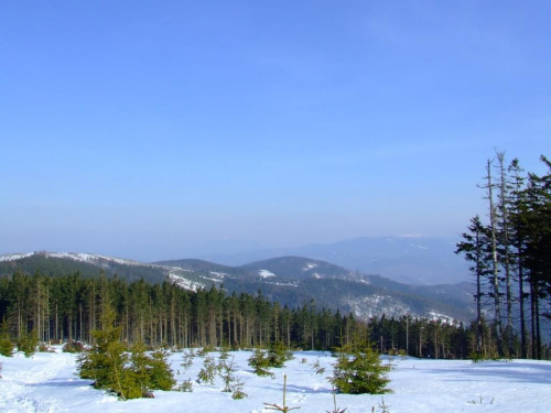 Pilsko z prawej i ledwo widoczny osniezony szczyt Babiej Gory z lewej