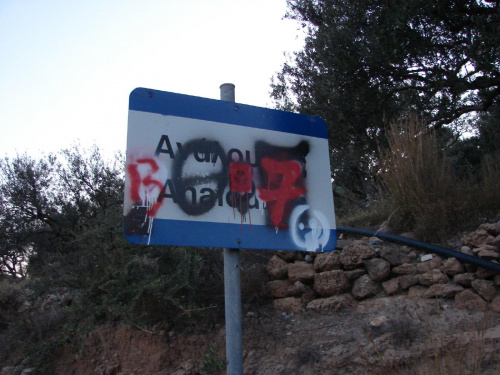 niespodzianka dla turystów - 90 % znaków drogowych zamazanych -Kreta #Amoudara #Kavousi #Tourloti #MesaMouliana #Chamezi #AgiaFotia #PanagiaAkrotiriani #Vai #Itanos #Enmoupoli #Kreta #EccoHoliday #Sun24 #monastyry